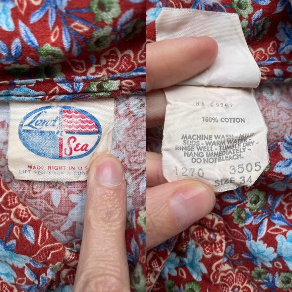Vintage 70s Land N Sea Floral Button Up Collared Shirt Cotton Sz 34 S/M Retro - Picture 13 of 13